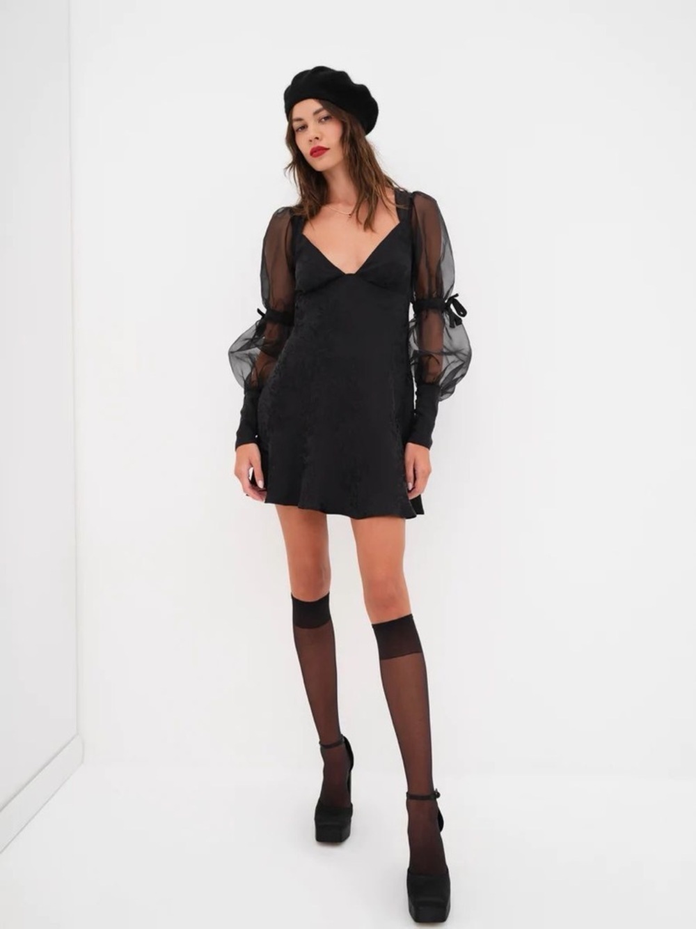 For Love & Lemons Black Gabrielle Puff Sleeve Mini Dress Size Small